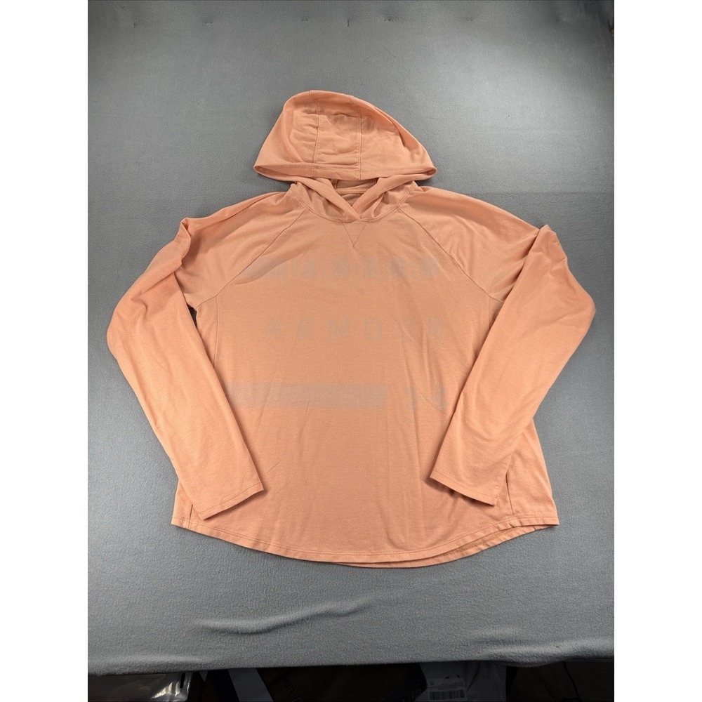 Under Armour Size Large Woman's Orange Hooded Shirt Loose Light Weight Stretch